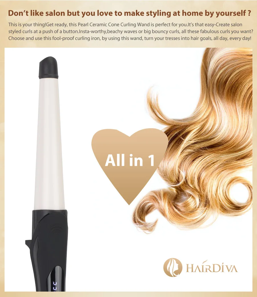 this Pearl Ceramic Cone Curling Wand&nbsp;is perfect for you.It's that easy-Create salon styled curls at a push of a button
