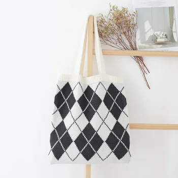 

Normcore Crochet Geometric Tote Bag Unisex Preppy Style Soft Fabric To-handle Bag Women Daily Casual Leisure Classical Handbag