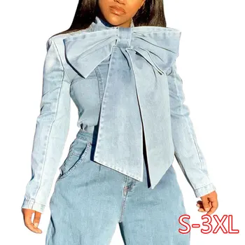 

Vintage Jeans Blouses Tops Plus Size Women Bow Tie Single Breasted Fashion Denim Blouse Female Casual Buttons Long Sleeve Shirts
