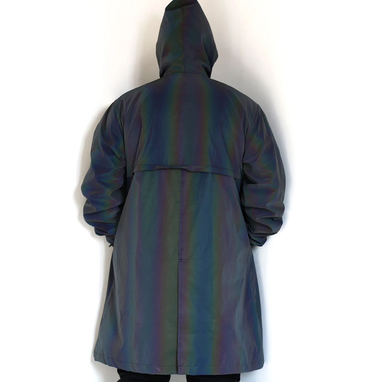 Men Unisex High Street Rainbow Reflective Hooded Jacket Windbreaker Dust Coat Trench