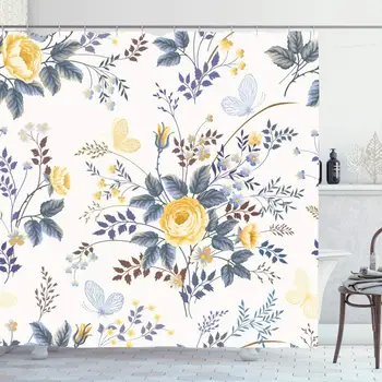 

Shower Curtain Set with Hooks 66x72 Inches Retro Floral Pattern Yellow Roses Graphic Vintage Butterflies Spring On Victorian