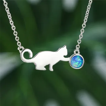 

Cute Cat Play Ball Blue Fire Opal Pendant Necklaces For Women Vintage Fashion Animal Jewelry 925 Silver Chain Wedding Necklace