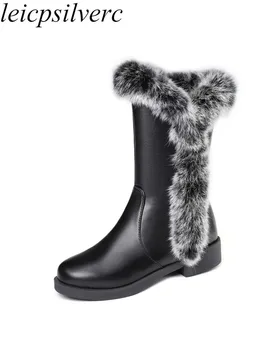 

Women's Boots Autumn Winter Mid-calf Pu Med Heel Real Rabbit Fur Thick Warm Round Toe Zip Platform 2019 New Fashion Big Size 48