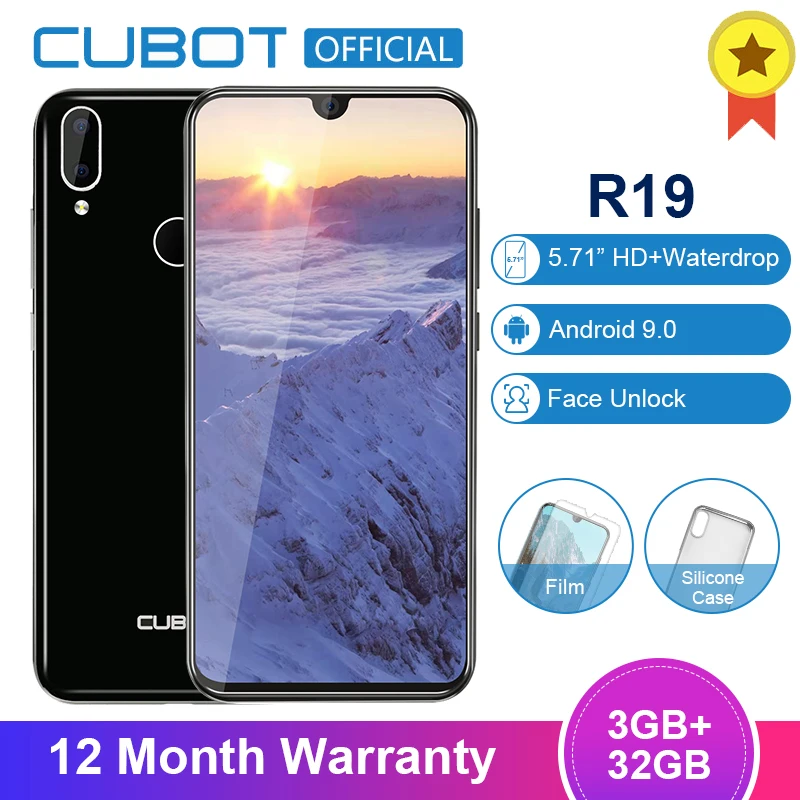 

Cubot R19 Android 9.0 19:9 3GB 32GB Quad Core Fingerprint Smartphone Water Drop Screen Dual Back Camera Face ID Mobile Phone