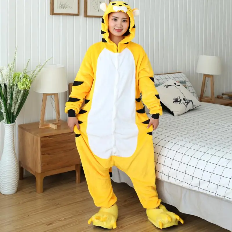 Yellow Tiger FL Зимние пижамы в виде животных; одежда для сна; Детские пижамы кигуруми с единорогом; комплекты комбинезонов для женщин и мужчин; унисекс; фланелевая ночная рубашка для взрослых; комбинезоны - Цвет: Yellow Tiger FL
