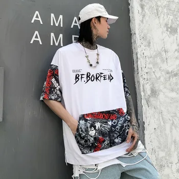 

Men Streetwear Hip Hop Rap Print Pocket Short Sleeve T-shirt Male Summer Loose Graffiti Casual Tees Shirts
