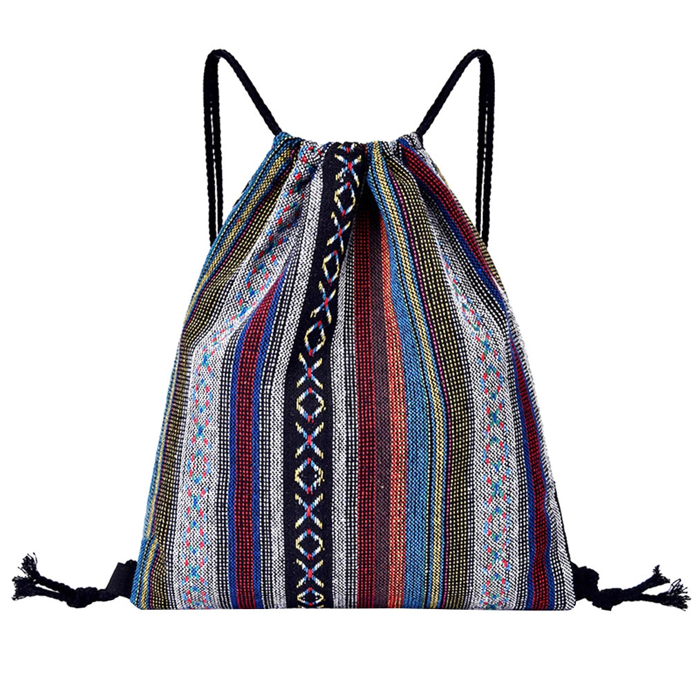 

Geometrical Fashion Durable Practical Knit Fabric Sack Drawstring Backpack Large Capacity Retro Style Casual Travel Hided Pocket