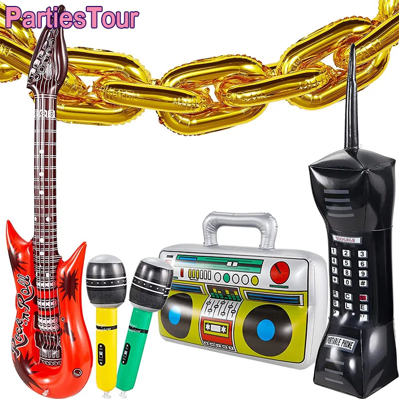 25pcs 16'' Gold Chain Balloons Inflatable Radio Boombox Guitar Microphone and Mobile Phone 80s 90s Hip Hop Party Decors | Дом и сад