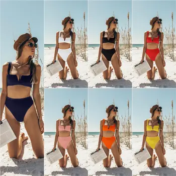 

Know Dream Ladies V-neck Sexy High Waist Bikini Swimwear Blue Sexy Bathing Suits Mini Orange Bikini Set 2 Piece Swimsuit Women