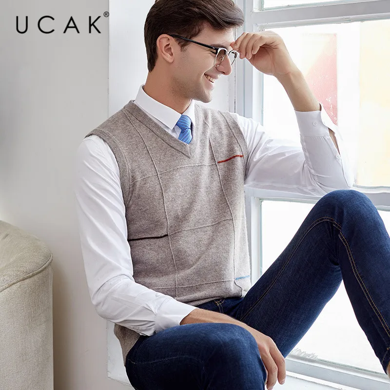 70% OFF UCAK Brand Pure Merino Wool Sweater Vest 2019 New Arrival Casual Autumn Winter Pull Homme Streetwear Sweaters Clothes U3114