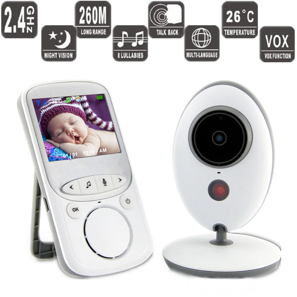  Digitale Da 2.4 Pollici Senza Fili di Visione notturna Baby Monitor di Visione Notturna LCD Audio V