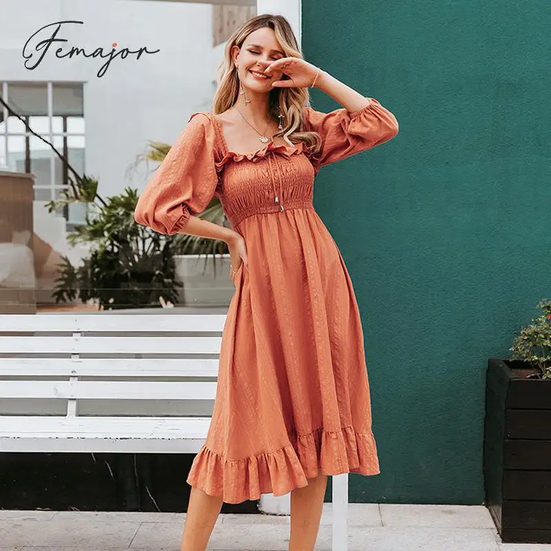 

Femajor Fall 2019 Women Vintage Square Collar Long Party Dress Female Elastic High Waist Orange Dress Ladies Ruffle Vestidos