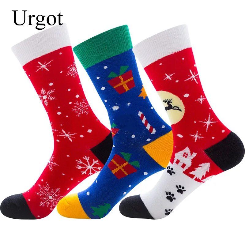 Urgot, 3 пар/лот, новинка, Осень-зима, год, Санта Клаус, Рождество, подарок с изображением снежного лося, носки, длинные носки, хлопковые носки, мужские, европейские размеры 39-46