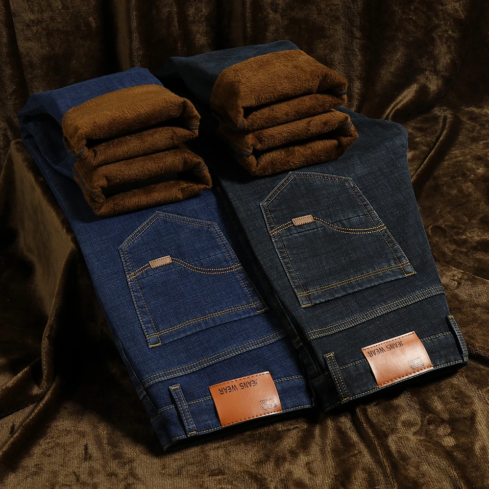 

NIGRITY Men's Winter Warm Fleece Jeans Stretch Casual Straight Denim Flannel Jeans Pant Soft Trousers Plus Big Size 29-44 2Color