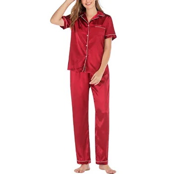 

Silk Satin Pajamas Pyjamas Set Women Casual Short Sleeve Button Pocket Trousers Nightwear Suit Sleepwear Loungewear Pajamas Suit