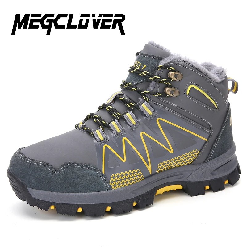 

Leather Men Hiking Shoes Winter with Fur 2019 Warm Snow Boots Men Winter Work Casual Shoes Sneakers High Top Rubber Ankle Boots