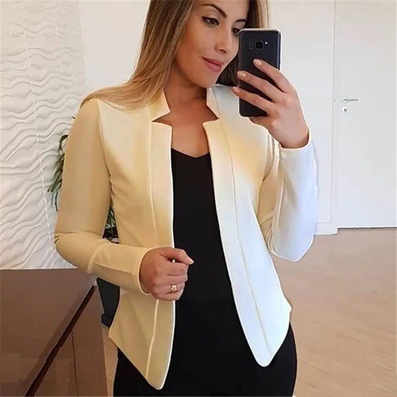 beige Fanbety, S-5XL, осень, длинный рукав, открытый кардиган, блейзеры, для женщин, элегантный, стоячий ворот, Блейзер, пальто, для офиса, для девушек, костюмы, пиджаки, куртки - Цвет: beige