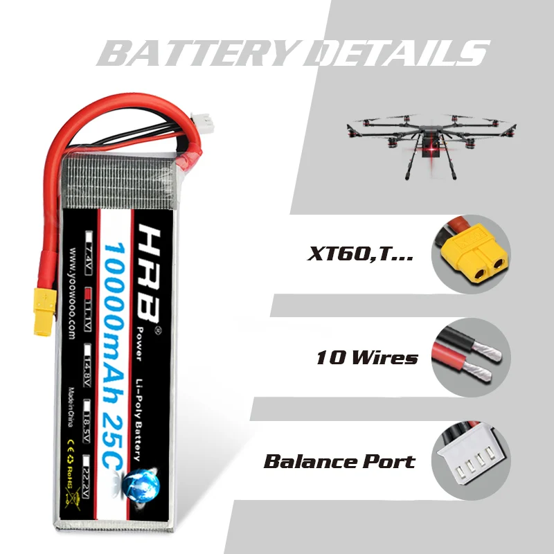 Hrb RC Lipo Батарея 10000 mAh 2 S 3 S 4S 5S 6 S 7,4 V 11,1 V 14,8 V 18,5 V 22,2 V 25C MAX 50C Drone AKKU для Вертолет Самолет