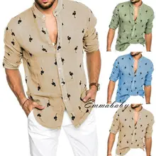 Летняя мужская льняная рубашка с длинным рукавом и v-образным вырезом, Свободные Повседневные Рубашки, Топы, модный мужской топ с принтом, рубашка, одежда