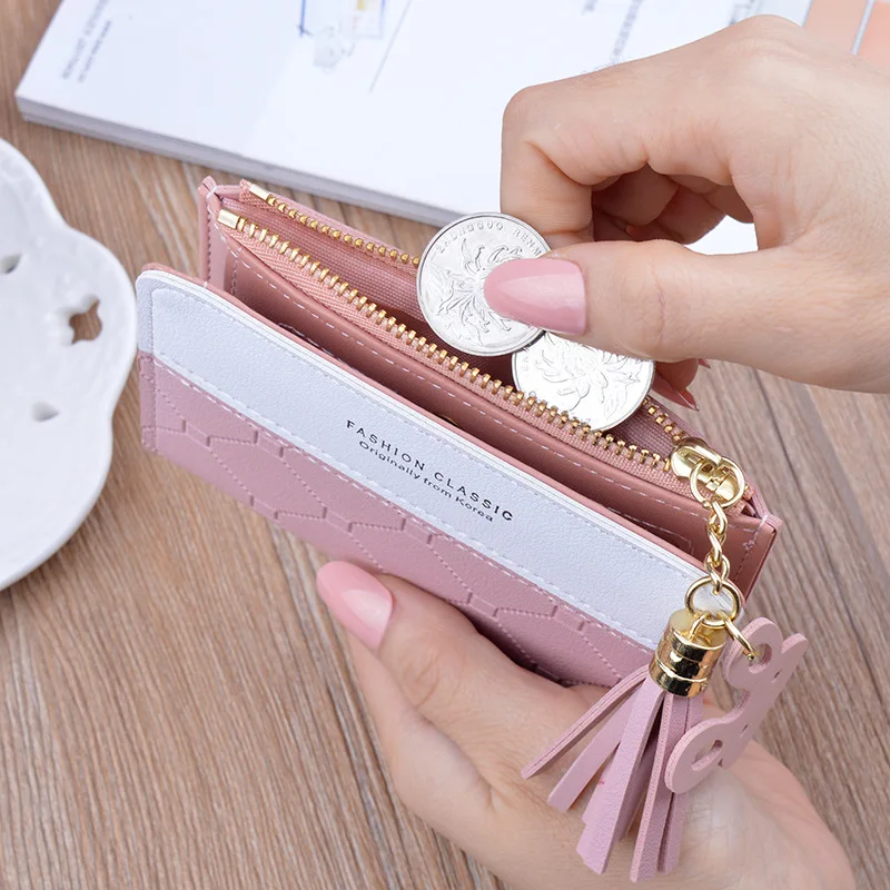 

Women Short Wallet Patchwork Small Zipper Purse Checked Embossed Tassel Wallets Cute Simple Card Holder Mini Money Bag