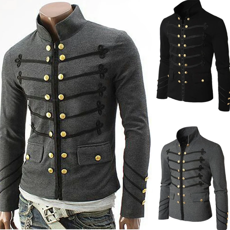 Steampunk Men Vintage Coat Long Sleeve Military Uniform Coat Gothic Male Autumn Stand Collar Jacket Outerwear