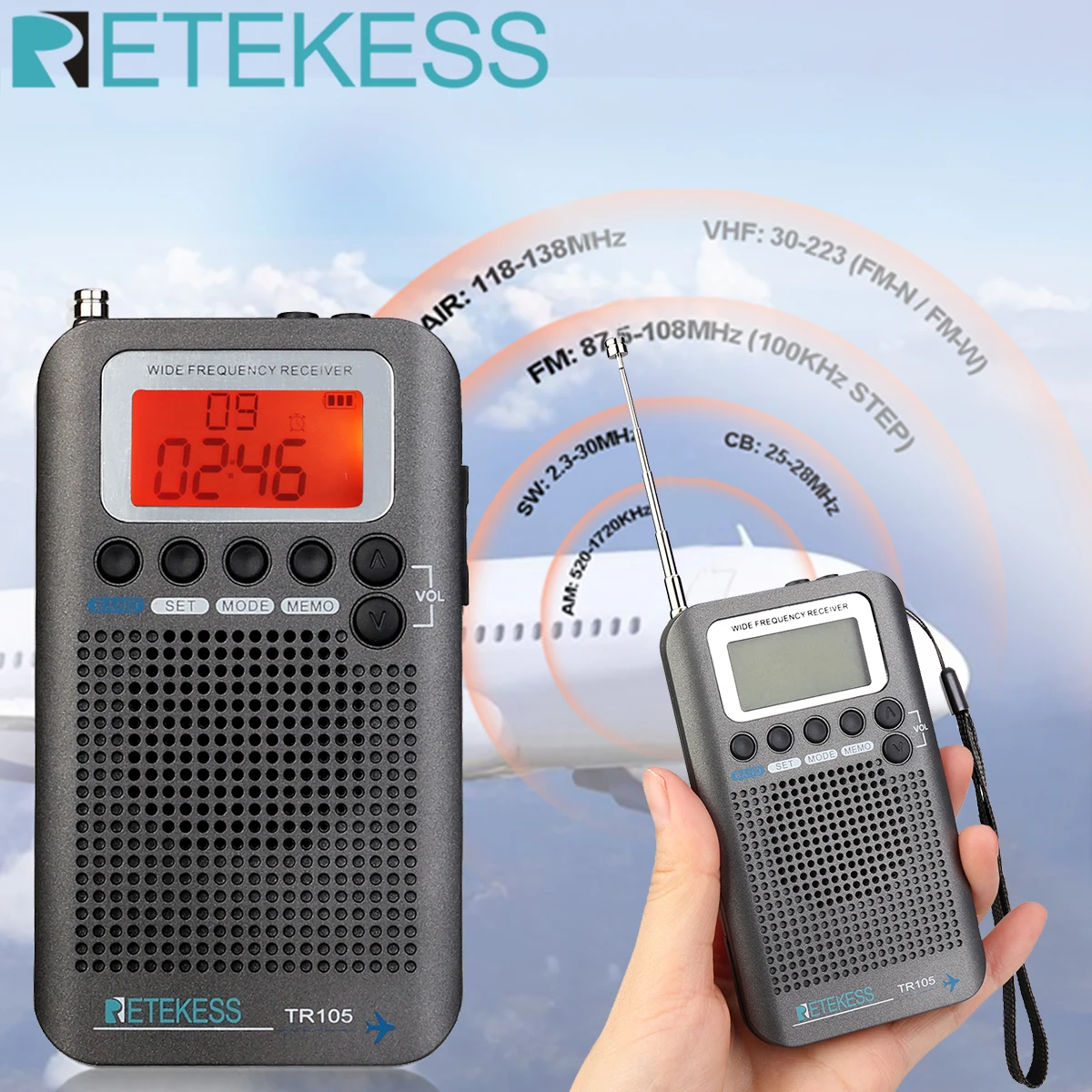 RETEKESS TR105 Portable Radio Aircraft Full Band Radio FM/AM/SW/CB/Air/VHF Receiver World Band with LCD Display Alarm Clock