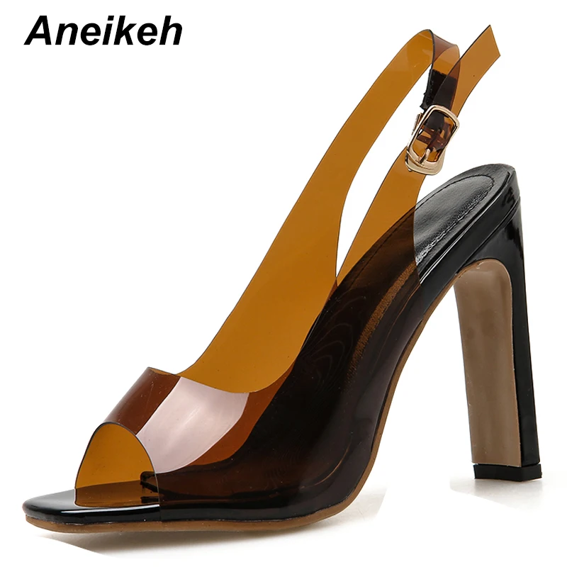 Aneikeh sexy Black PVC Women Heeled Sandals Ankle Strap Pumps Super High Heels Peep Toe Buckle Strap Slingback Dress Lady Shoes