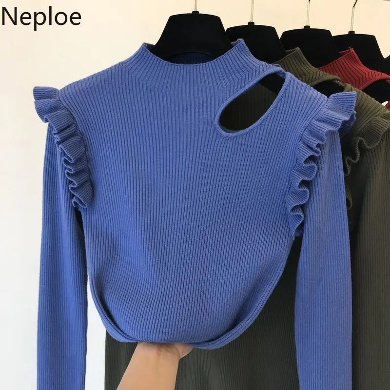 Neploe, элегантный женский свитер с оборками и высоким горлом,, сексуальный пуловер с вырезом на шее, облегающий однотонный низ, зимняя одежда