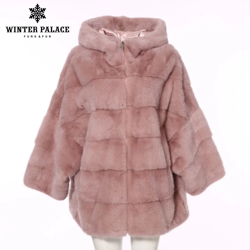 Winter Palace 2019 New Winter Women's Mink Coat Bat Jacket Fur Coat Zipper Fashion Hood Real Fur