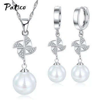 

Korean 925 Sterling Silver Flower Pearl Jewelry Sets For Women Valentines Day Gift Fashion Crystal Party Necklace Earrings