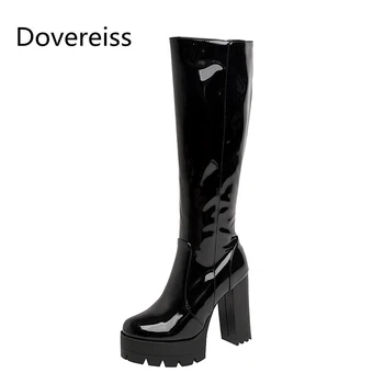 

Dovereiss Fashion Female boots Winter new Elegant sexy consice Zipper Block heels Round toe Pure color Knee high boots 34-43