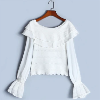 

Runway Elegant Sexy Slash Neck Lace Patchwork Casual Sweaters Women Ruffles Knitted Shirts Pullover Hollow Out Ladies Short Tops