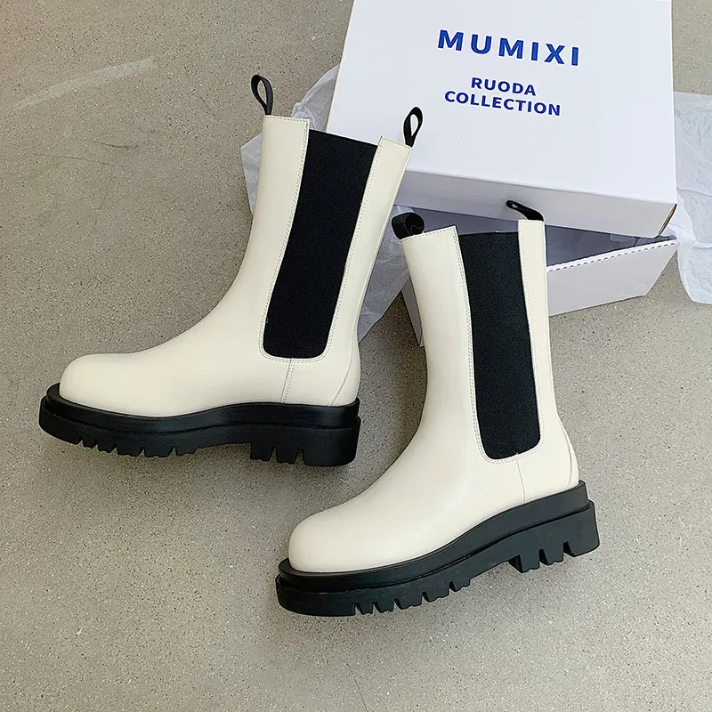 

Punk Style Flats Platform Women Mid-Calf Boots Fashion Ladies Slip on Chunky Shoes White Black Women's Motorcycle Boots 