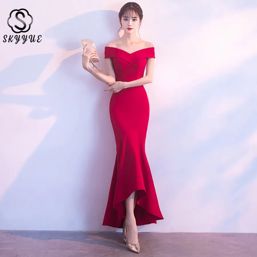 

Skyyue Evening Dress Evening Dresses 2019 Boat Neck Short Sleeve Off The Shoulder Solid Elegant Robe De Soiree Formal Gown HH091