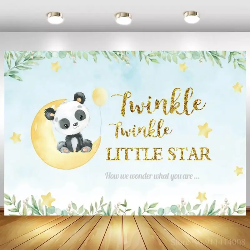 Twinkle Little Stars Panda On Moon Verde Menta Fotografia Sfondo Foglie Tropicali Baby Shower 1 ° Compleanno Sfondi