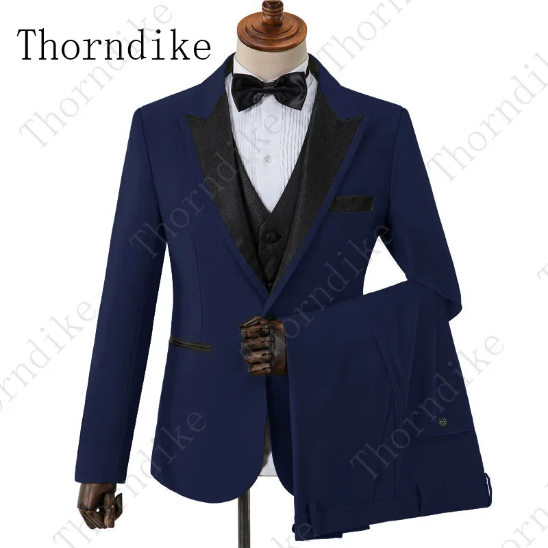 Thorndike, мужской костюм, 3 предмета, мужские костюмы, приталенный, темно-синий, для жениха, для ужина, для выпускного вечера, мужской смокинг, деловой мужской свадебный костюм