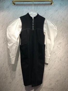 

2020 Early Autumn New Women's Small round Neck Multi-Color Sleeve Stitching Denim Decorative Fake Two-Piece Dress 819