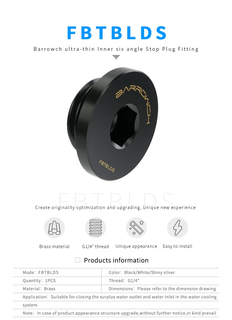 Barrowch FBTBLDS, Inneren Sechseckigen Stecker, G1/4 ''Ultra-dünne Stecker, Wasser Stop Fitting, schwarz/Silber/Gold/Weiß Stecker – Detail 1