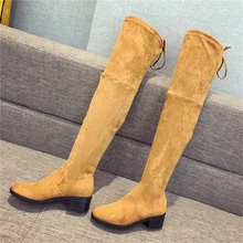 Г. Женские ботфорты выше колена высокие желтые сапоги до бедра на низком каблуке плюшевые осенние сапоги до колена женские пикантные рыцарские замшевые сапоги