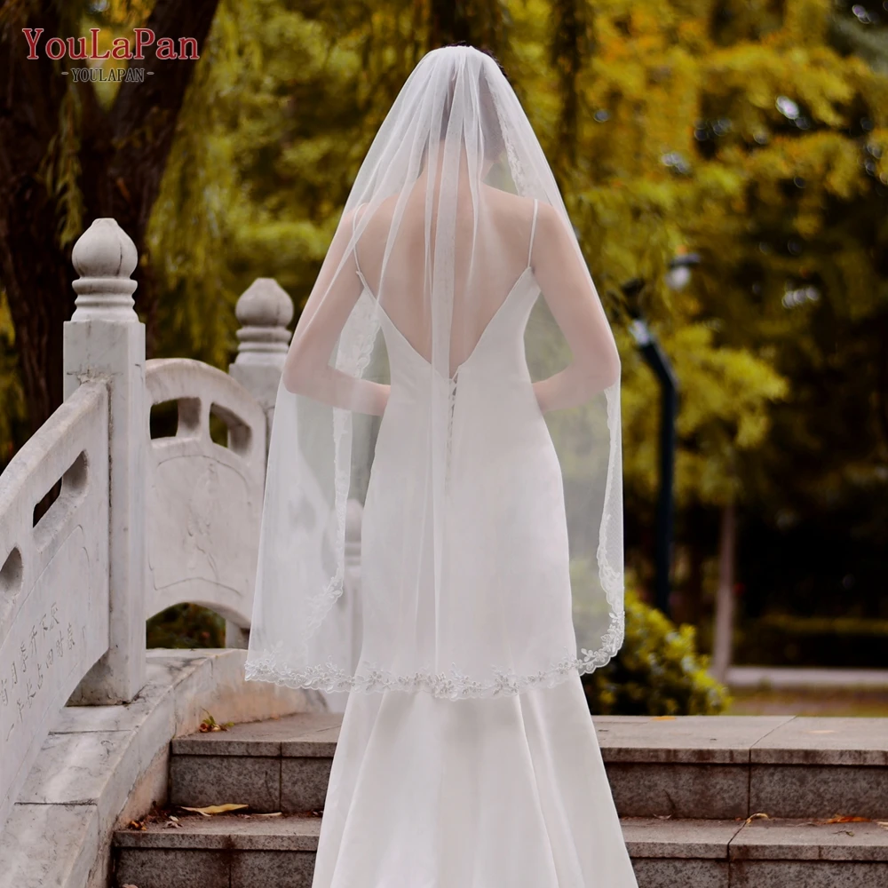 

YouLaPan V51 Bridal Veils Wedding Short with Thin Scallop Lace Trim Bridal Illusion Tulle Lace Border Fingertip Veil