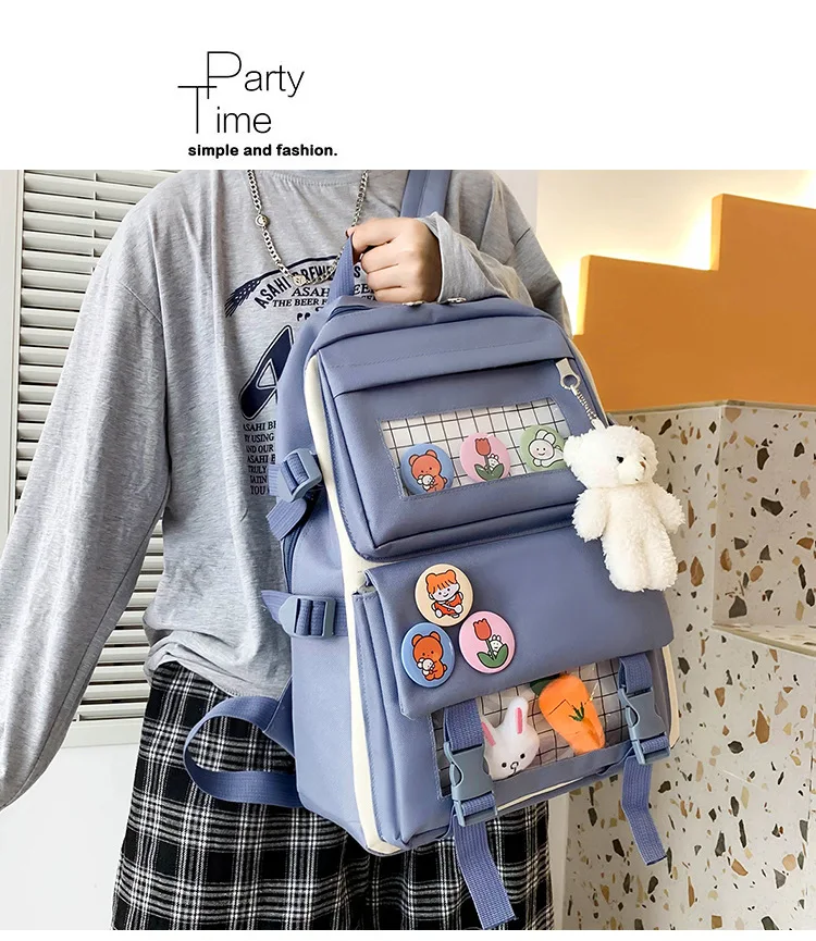 2021 New 4 Pcs Set Kawaii Women's Backpack Purple Colours Cute Canvas School Bags for Teenage Girls College Student Kids BookBag