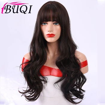 

BUQI 22inch Good Quality Black Long Natural Wave Cosplay Synthetic Wigs with Neat Bangs for Black And White Women