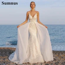Sumnus Lace Mermaid Wedding Dresses With Detachable Train Sexy Spaghetti Straps Backless Boho Bridal Dress Wedding Gowns