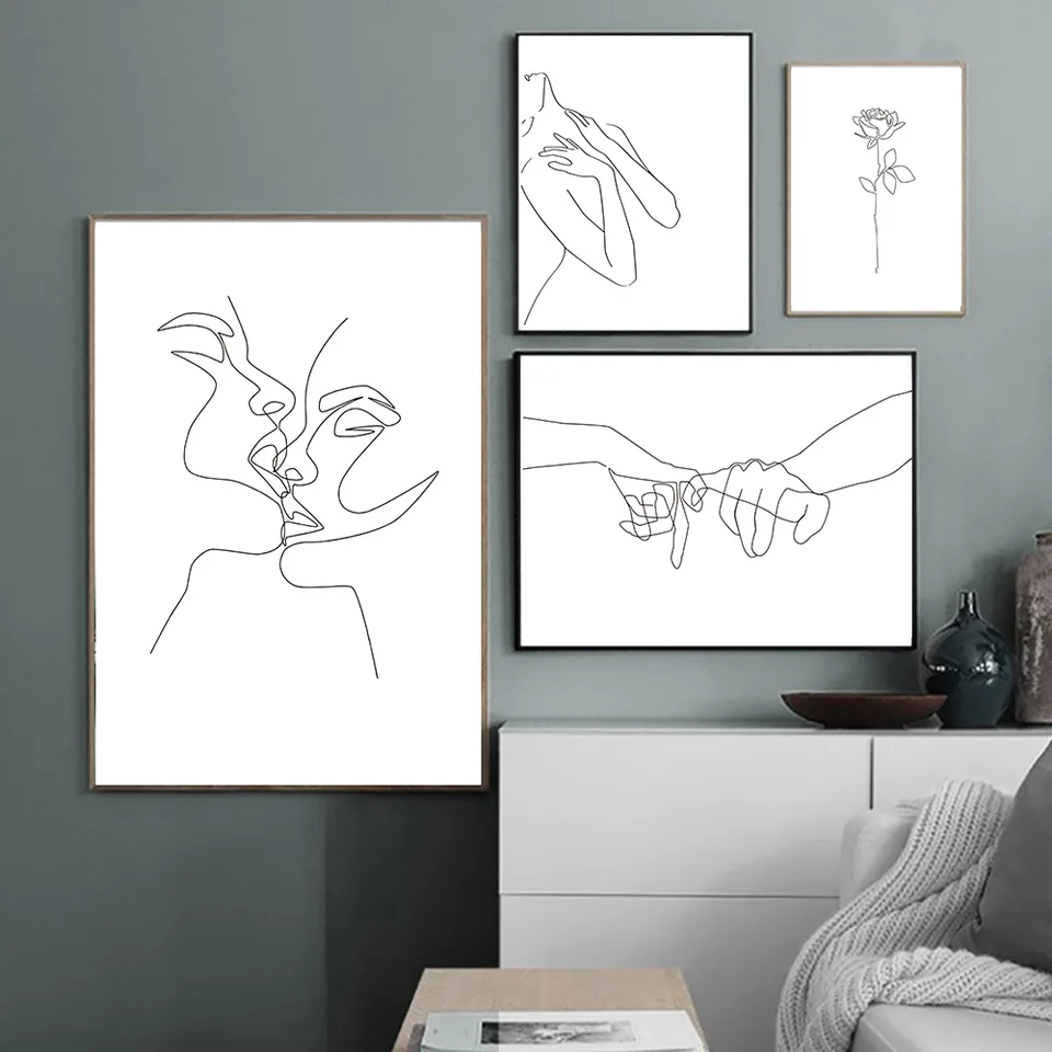 Abstract Line Drawing Wall Art Poster Hand Kiss Canvas Painting Couples Poster Lady Body Picture Minimalist Art Print Home Decor Aliexpress