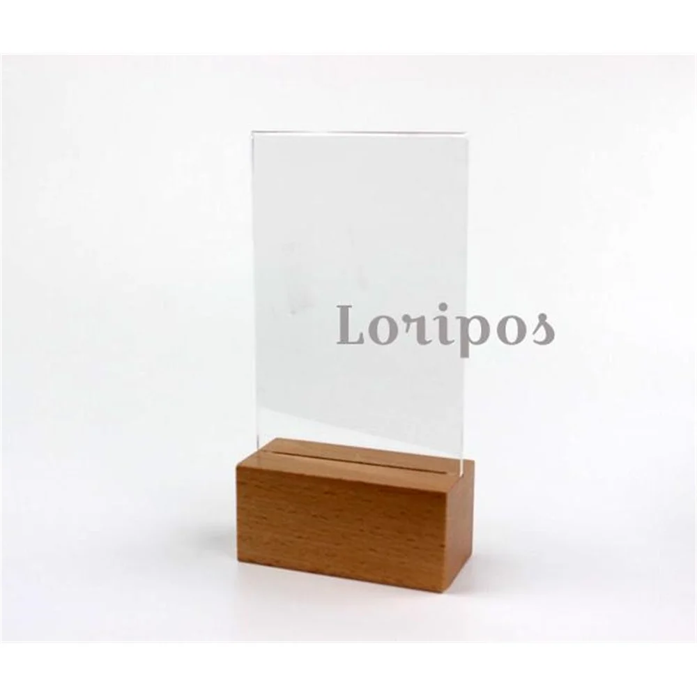New Hot Sale A6 Unique Design Easy Reused Acrylic Clear Price Tag Menu Display Table Top Desk Sign Label Holder Thick Wood Base
