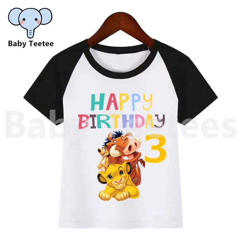 

Boys Girls Happy Birthday Lion King Simba Number 1-10 Funny T-shirt Kids Cartoon Tops Children Summer T shirt Baby Clothes