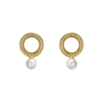 

Japanese-Style Light Luxury Retro S925 Silver Baroque round Hollow Natural Pearl Ear Stud Female Ol Style Simple and All-match