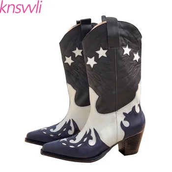 

Embroidery Western Cowboy Boots Women Mixed Color Short Boots Genuine Leather Runway Shoes Woman Chunky Heels Zapatos De Mujer