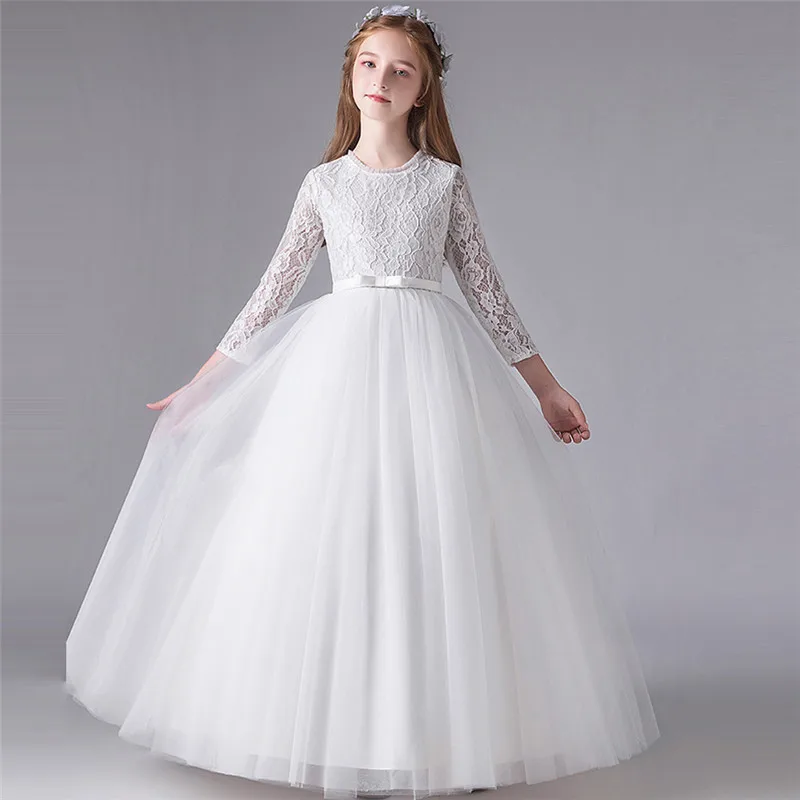 

Autumn Winter Children Girls Luxury White Long-Sleeves Birthday Wedding Party Princess Lace Dress Kids Host Piano Costumes Dress