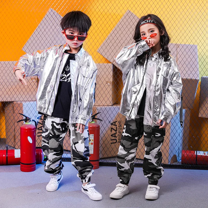 

2019 Kids Adults Autumn Costumes Jazz Camouflage Hip Hop dance Pants Silver Laser Reflective Sequins Jackets kids suits twinset